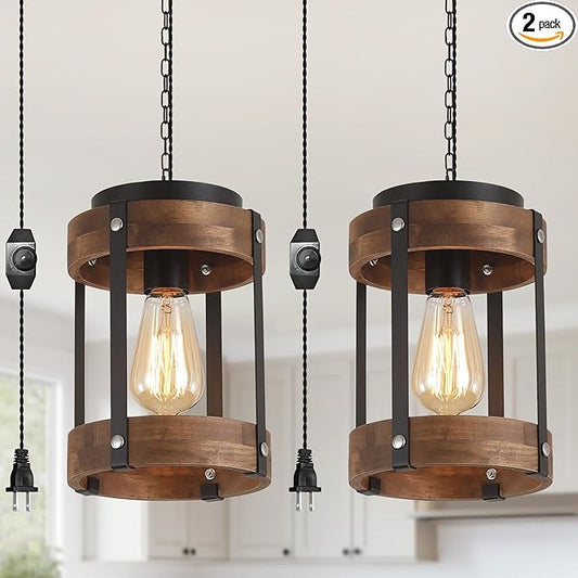 2 Pack Rustic Farmhouse Plug in Pendant Light Fixture with Adjustable Chain, Dimmable Switch, Oak Wood and Metal Drum Cage Mini Hanging Lamp for Kitchen Island Living Room Hallway Farmhouse, Black