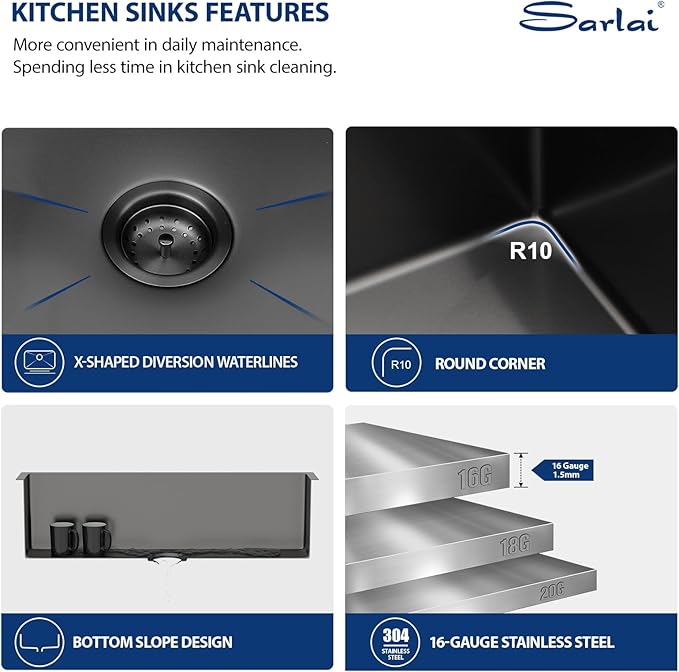 Sarlai 33 Black Farmhouse Kitchen Sink - 33 Inch Kitchen Sink Gunmetal Black Stainless Steel 16 gauge Apron Front Sink Deep Single Bowl Farm Sink