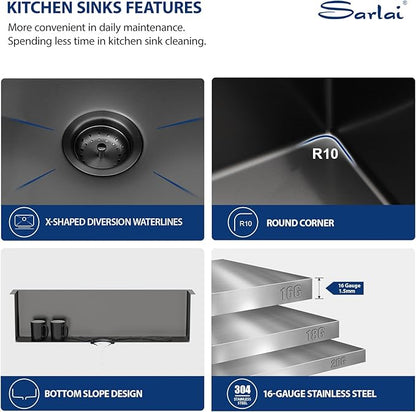 Sarlai 33 Black Farmhouse Kitchen Sink - 33 Inch Kitchen Sink Gunmetal Black Stainless Steel 16 gauge Apron Front Sink Deep Single Bowl Farm Sink