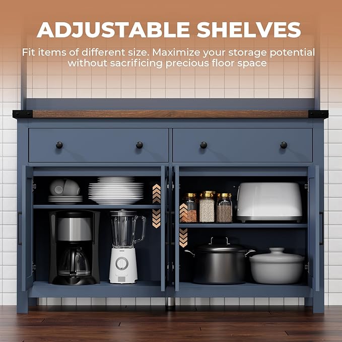 VVFLU Hutch Storage Buffet Cabinet with Drawers, and Charging Station, Coffee Bar Cabinet with Barn Doors, Wine Rack and Hooks, Blue Wood Sideboard Buffet for Kitchen, Dining Room, 54.1" High