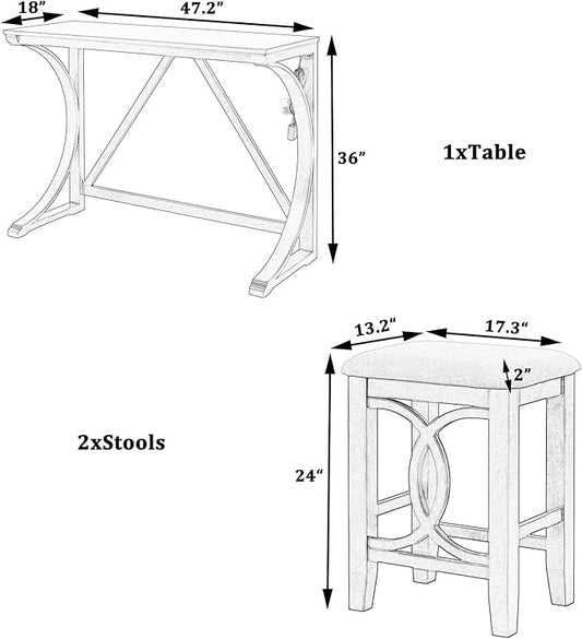 Rustic Dining Table Set, Farmhouse 3-Piece Counter Height Dining Table Set with USB Port and Upholstered Stools for Small Places (Cream/Farmhouse-A)