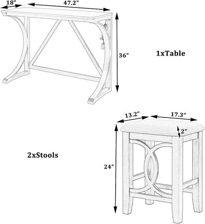 Polibi 3-Piece Farmhouse Counter Height Dining Set, Wood Kitchen Dining Table Set with USB Port and 2 Upholstered Stools for Small Places (Milky White)