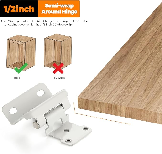 Ravinte 2 Pack 1 Pairs Semi-Overlay 1/2 inch Self-Closing Face Frame Cabinet Hinges White Half Wrap-Around Kitchen Cabinet Door Hinges Face Mount Cabinet Hardware