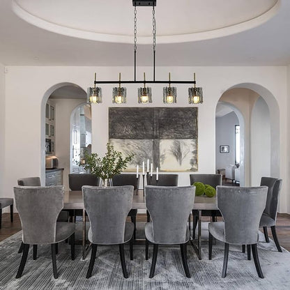 5-Light Farmhouse Linear Chandelier Pendant Lighting 39" W Ceiling Light Matte Black and Brass Gold, Smoked Glass Shade, Blown Glass, for Dining Table, Kitchen Island Light Fixtures