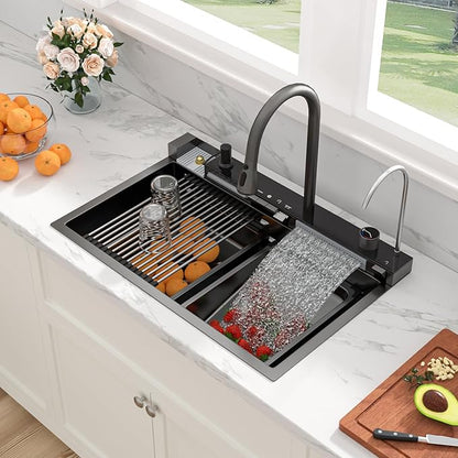 Sarlai Waterfall Kitchen Sink - 30 Inch Drop In Workstation Sink With Waterfall Black Stainless Steel 16 Gauge Multifunction Single Bowl Smart Top Mount Kitchen Sinks with Mechanical Keys 30x19 Inch