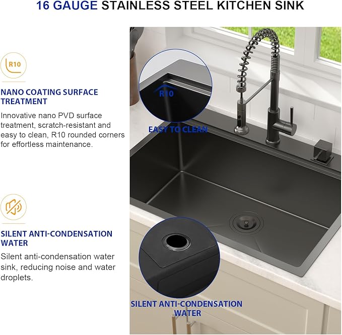 Dcolora 30 Inch Black Kitchen Sink Drop In, Nano-PVD Black Stainless Steel Workstation Sink Single Bowl Topmount with Accessories All-In-One, #DC-T8863 30"x22"x10"