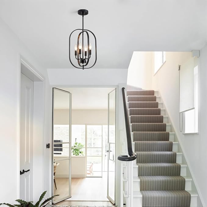 XINGQI Modern Chandeliers for Dining Room, 12.2" Farmhouse Rustic Geometric Pendant Lighting Fixture Metal Black 4-Light Ceiling Lamp for Entryway Bedroom Hallway Foyer Kitchen Office Bar
