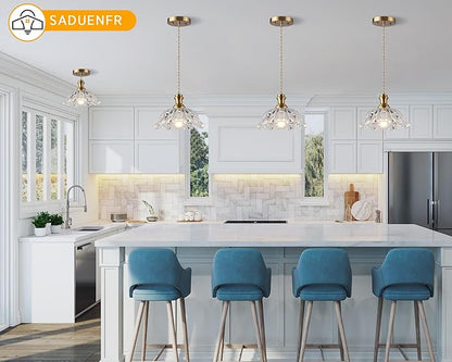Gold Glass Pendant Lights, 10.6" 1-Light Vintage Hanging Light Fixtures with Flower Clear Glass, Antique Brushed Brass Pendant Lighting for Kitchen Island Sink Dining Room