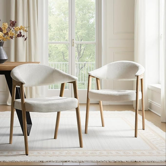 HULALA HOME Dining Chairs with Arm Set of 2, Mid-Century Modern Upholstered Kitchen Dining Room Chair with Solid Wood Legs & Curved Backtrst, Armchairs Accent Chairs for Living Room - Ivory