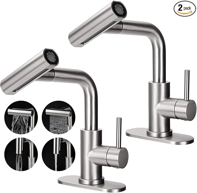Bathroom Sink Faucet with 4 Mode Pull Down Sprayer, Brushed Nickel Single Handle Pull Out Faucet with Pop-Up Drain, 1 or 3 Hole Laundry Bar Basin Faucet with Deck Plate