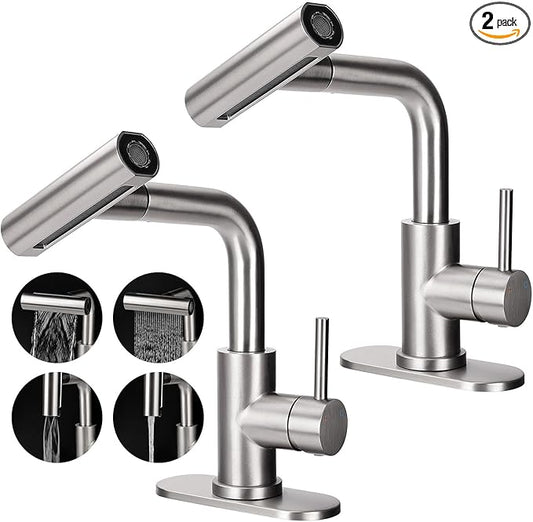 Bathroom Sink Faucet with 4 Mode Pull Down Sprayer, Brushed Nickel Single Handle Pull Out Faucet with Pop-Up Drain, 1 or 3 Hole Laundry Bar Basin Faucet with Deck Plate