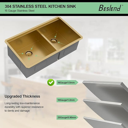 33 Gold Undermount Kitchen Sink - Beslend 33x19 Gold Double Bowl Kitchen Sinks Workstation 16 Gauge Stainless Steel Golden Sink Low Divide Double Basin 60/40