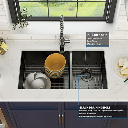 33 Inch Black Undermount Double Sink 16 Gague Stainless Steel Double Undermount Kitchen Sinks 60/40 Large Deep Double Bowl Kitchen Sinks 33"x19"x10"