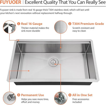 33 Undermount Sink Stainless Steel- Fuyuoer 33 Inch Workstation Kitchen Sink 16 Gauge Stainless Steel Single Bowl Round Corner Handmade Deep Basin Kitchen Sinks, 33x19x10 Inch
