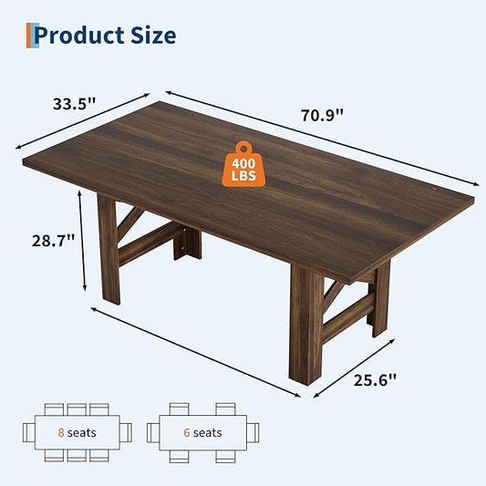 IDEALHOUSE 71" L Farmhouse Dining Table for 6-8, Rectangular Barn Wooden Kitchen Table with a Rock-Strong Thick Base, Triangular Legs, Long Dining Room Table for Office, Kitchen, Apartments, Walnut