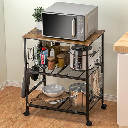 Toutrop Rolling Kitchen Microwave Cart with Wheels, 3 Tier Microwave Storage Cart with Adjustable Shelves, Coffee Table, Utility Cart for Kitchen, Living Room, Office, Laundry Room