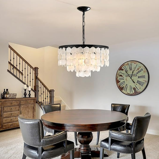 18" Capiz Shell Chandelier for Ddining Room 4 Light Bathroom Chandeliers Over Tub Black Coastal Chandelier for Bedroom Entryway and Foye