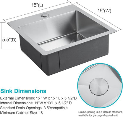 15x15 Inch Bar Sink Drop In - Small Kitchen Sink for RV, Wet Bar & Outdoor, Brushed 18 Gauge Stainless Steel Topmount Single Bowl Utility Sink