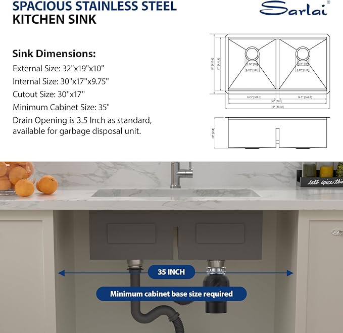 Sarlai 32 Undermount Kitchen Sink Double Bowl- 32x19 Inch Double Undermount Sink Stainless Steel 16 Gauge Ledge Workstation Low Divide Under Counter 50/50 Basin Kitchen Sinks