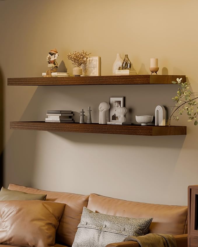 60x12 Inch Floating Shelves for Wall, Set of 2 Solid Wood Wall Shelves, Extra Long Heavy Duty Wall Mount Shelf for Living Room & Kitchen, Large Walnut Floating Shelves
