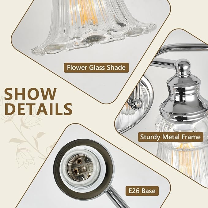 3-Light Bathroom Light Fixtures Over Mirror, Vintage Vanity Lights with Clear Floral Glass Shades, Chrome