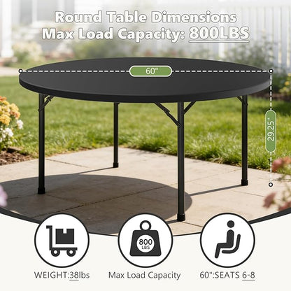 60" Folding Round Table, Plastic Dinner Table, Portable Folding Banquet Table for Living Room, Party or Outdoor Event, Black