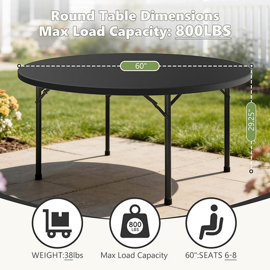 60" Folding Round Table, Plastic Dinner Table, Portable Folding Banquet Table for Living Room, Party or Outdoor Event, Black