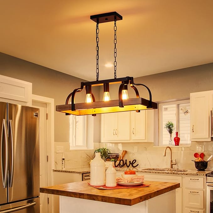 WUZUPS 3-Light Metal Pot Hanging Rack Chandelier Imitation Light Wood Grain Linear Pendant Ceiling Lighting Rustic Farmhouse Fixture Kitchen Island Dining Room, H 9.8" L 24.8" W11.8, E26 Base, Black