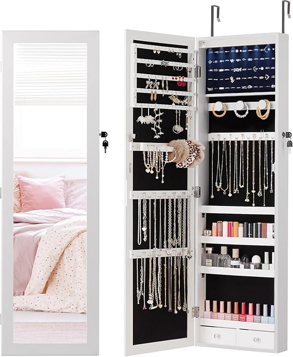 DUMOS 6 LEDs Mirror Jewelry Cabinet, Wall or Door Mounted Jewelry Organizer, 47.2-Inch Tall Lockable Large Capacity Cosmetic Storage, Gift Idea