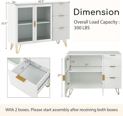 Giantex Buffet Cabinet with Storage, Modern Sideboard with 2 Doors & 3 Drawers, Freestanding Kitchen Cupboard with Solid Metal Legs, Coffee Bar Cabinet with Storage for Living Room, White