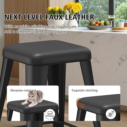 Backless Bar Stools Set of 4, Upholstered Faux Leather Counter Height Stools with Sturdy Metal Legs, 30 Inch Barstools for Kitchen Island (Black)