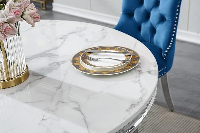 Round Marble Dining Table for 4 6，Modern 45" White Silver Kitchen Table with Faux Marble Top & Diamond Design Pedestal Base, American-Style Round Dining Room Dinner Table,Home Kitchen Furniture