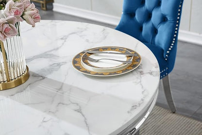 Round Marble Dining Table for 4 6，Modern 45" White Silver Kitchen Table with Faux Marble Top & Diamond Design Pedestal Base, American-Style Round Dining Room Dinner Table,Home Kitchen Furniture