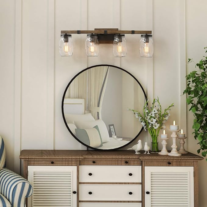 LOG BARN Rustic Bathroom Vanity Light with Mason Jar Glass, Farmhouse 4-Light Sconces Wall Lighting, Faux-Wood Finish, 29 inches