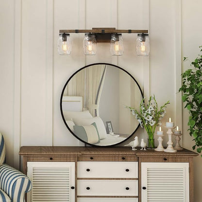 LOG BARN Rustic Bathroom Vanity Light with Mason Jar Glass, Farmhouse 4-Light Sconces Wall Lighting, Faux-Wood Finish, 29 inches