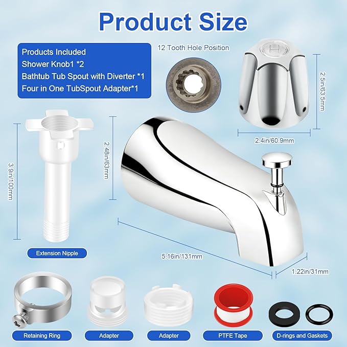 2 Piece Bathtub Shower Knob Replacement, with Diverter Bath Tub Spout Kit, Hot and Cold Faucet Knobs Compatible with Price Pfister Verve Tub Shower (Chrome)