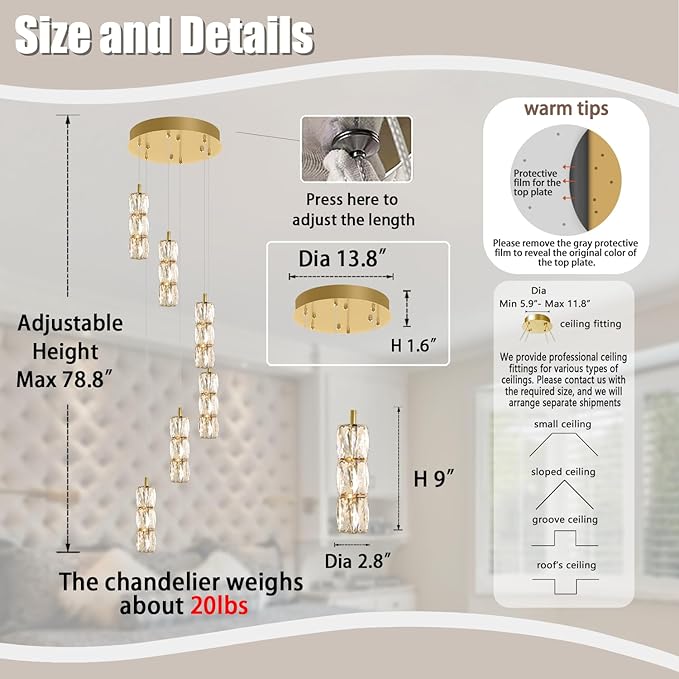 ykolupty H78 Pendant Lights Kitchen Island 6-Lights Pendant Chandelier for Dining Room Hallway Stairwell,LED Dimmable 2700K-6000K (Gold Chandelier)