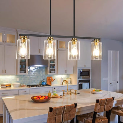 Mecgirn Island Light for Kitchen, Black and Gold Dining Room Light Fixture Over Table, 4-Light Linear Chandelier Pendant Lighting for Dining Table Kitchen Island Living Room