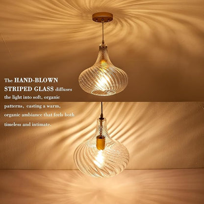Glass Pendant Lights with Striped Shade 11inch Modern Gold Pendant Lighting Fixtures for Kitchen Island Adjustable 1 Light Large Ceiling Hanging Light for Kitchen Sink Dining Room Hallway, UL Listed