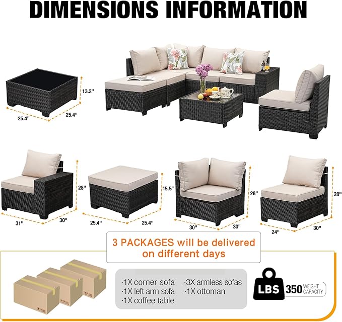 JOYURE 7 Pieces Patio Furniture Set All-Weather Outdoor Wicker Sectional Conversation Sofa Rattan Patio Seating Sofa with Cushion and Glass Table and Ottoman for Porch,Beige