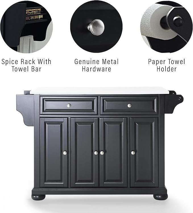 Crosley Furniture Alexandria Stone Top Rolling Kitchen Island Storage Cart, Microwave Stand, Spice Rack, Black