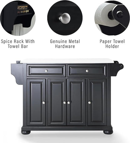 Crosley Furniture Alexandria Stone Top Rolling Kitchen Island Storage Cart, Microwave Stand, Spice Rack, Black