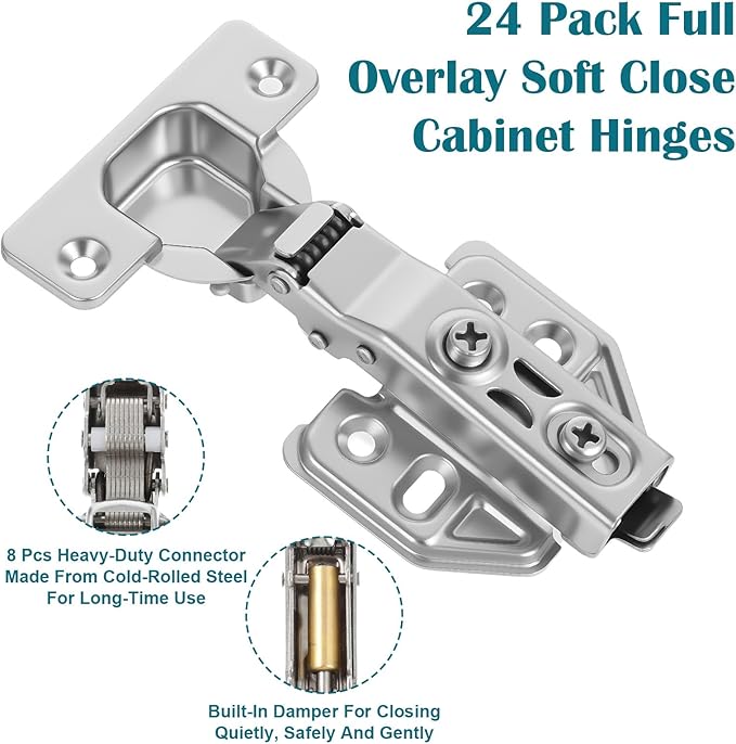 24 Pack Full Overlay Soft Close Cabinet Hinges, 105° Concealed Hidden Hinges with Clip-On Plates, 3D Adjustable for Frameless & Face Frame Cabinets - Silver