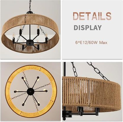 Farmhouse Ceiling Chandelier, 24-inch Bohemian Style Natural Rustic Woven Hemp Rope Pendant Light Round Black Suspension Fixture Suitable for Living Room, Bedroom, Dining Room, Kitchen