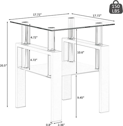 Set of 2 Glass End Table, Glass Side Table with Tempered Glass Top & Metal Legs, Square Living Room Table Modern Tea Table Side Tables 2-Layer for Living Room Bedroom