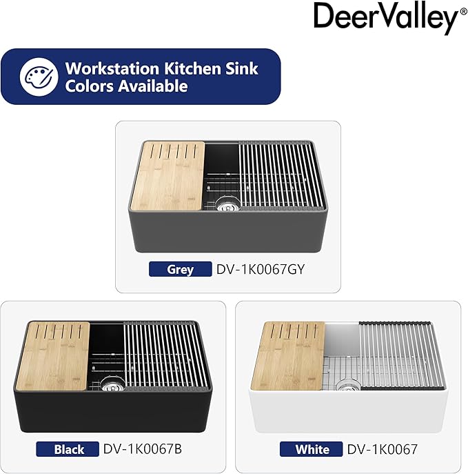 DeerValley Black Farmhouse Sink for Kitchen 33 inch, Fireclay Farmhouse Single Bowl Kitchen Sink, Front Apron Workstation Sinks with Grid, Strainer & Workstation Accessories