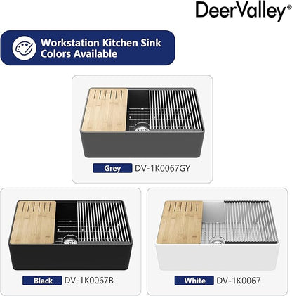 DeerValley Black Farmhouse Sink for Kitchen 33 inch, Fireclay Farmhouse Single Bowl Kitchen Sink, Front Apron Workstation Sinks with Grid, Strainer & Workstation Accessories