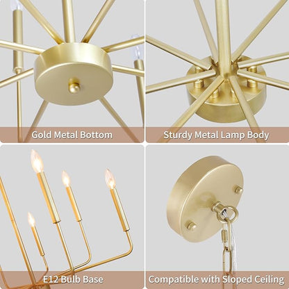Gold Chandeliers, 8-Light Modern Dining Room Light Fixtures, Rustic Candle Hanging Pendant Light for Living Room Entryway Foyer Bedroom Kitchen