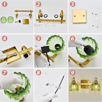 Vintage Gold Vanity Light 2 Lights Bathroom Lighting Fixture with Green Tulip Glass Shade Antique Brass Vanity Lights Over Mirror for Kitchen Bedroom Living Room Farmhouse