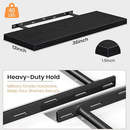 36 Inch Black Floating Shelves for Wall, 12 Inch Deep Shelves for Bedroom, Kitchen, Bathroom Wall Mounted, Rustic Wood Floating Shelf with Invisible Brackets for Books, Storage, Decor, 2 Pack